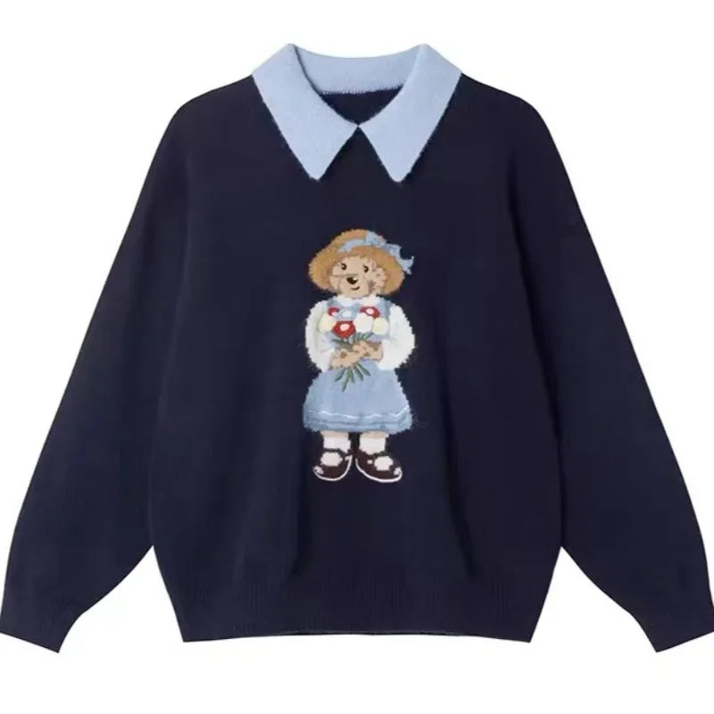 High Quality Embroidery POLO Neck Sweaters Korean Sweet Cute Bear Cartoon Jumper Pullover Winter Fashion Women Loose Casual Tops