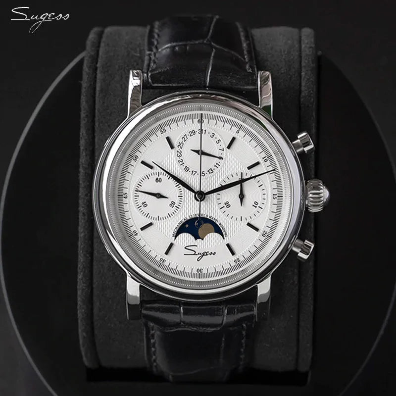 Original Movement ST1908 Sugess Men Mechanical Calendar Watch Chronograph Vintage Moonphase Wristwatch Waterproof