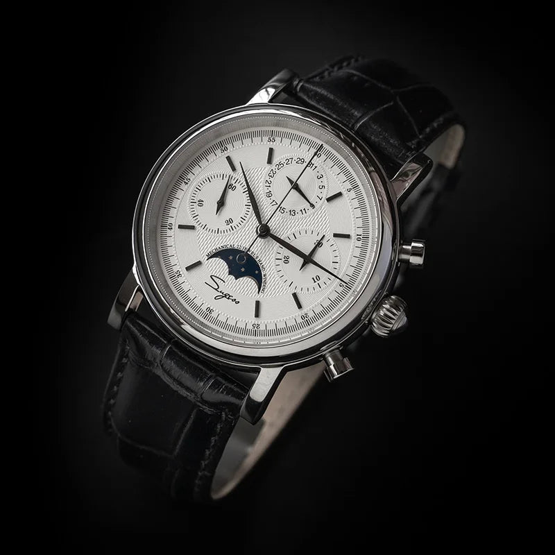 Original Movement ST1908 Sugess Men Mechanical Calendar Watch Chronograph Vintage Moonphase Wristwatch Waterproof